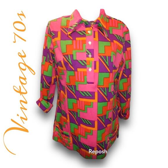Vintage 70s Disco Shirt in a Bold Print of Pink Purple & Green SZ MED - Picture 1 of 8